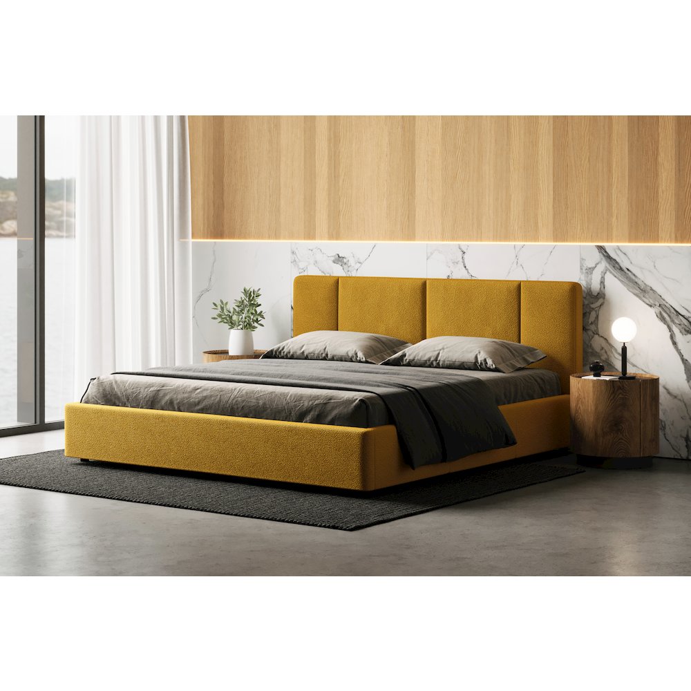 Venice Upholstered Platform King Bed in Mustard Boucle Fabric. Picture 6