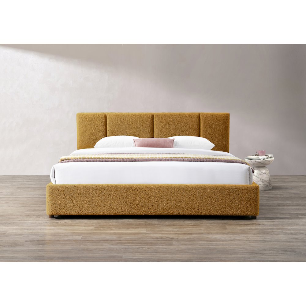 Venice Upholstered Platform King Bed in Mustard Boucle Fabric. Picture 7