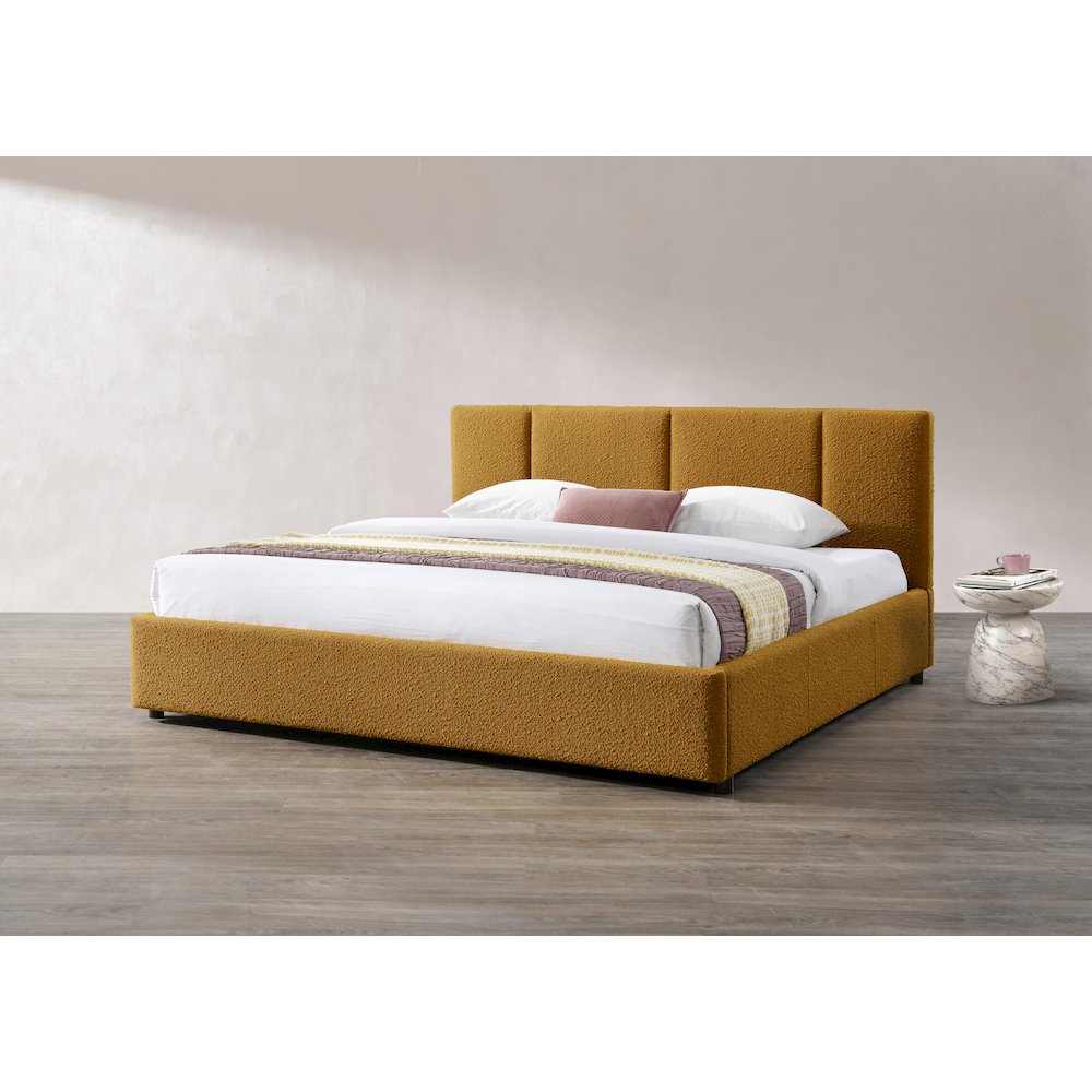 Venice Upholstered Platform King Bed in Mustard Boucle Fabric. Picture 8