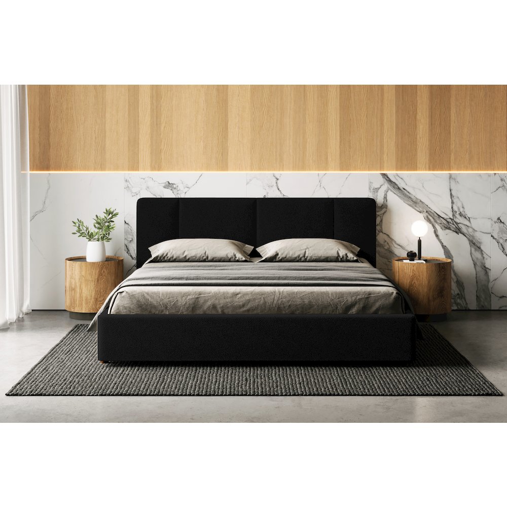 Venice Upholstered Platform King Bed in Black Boucle Fabric. Picture 1