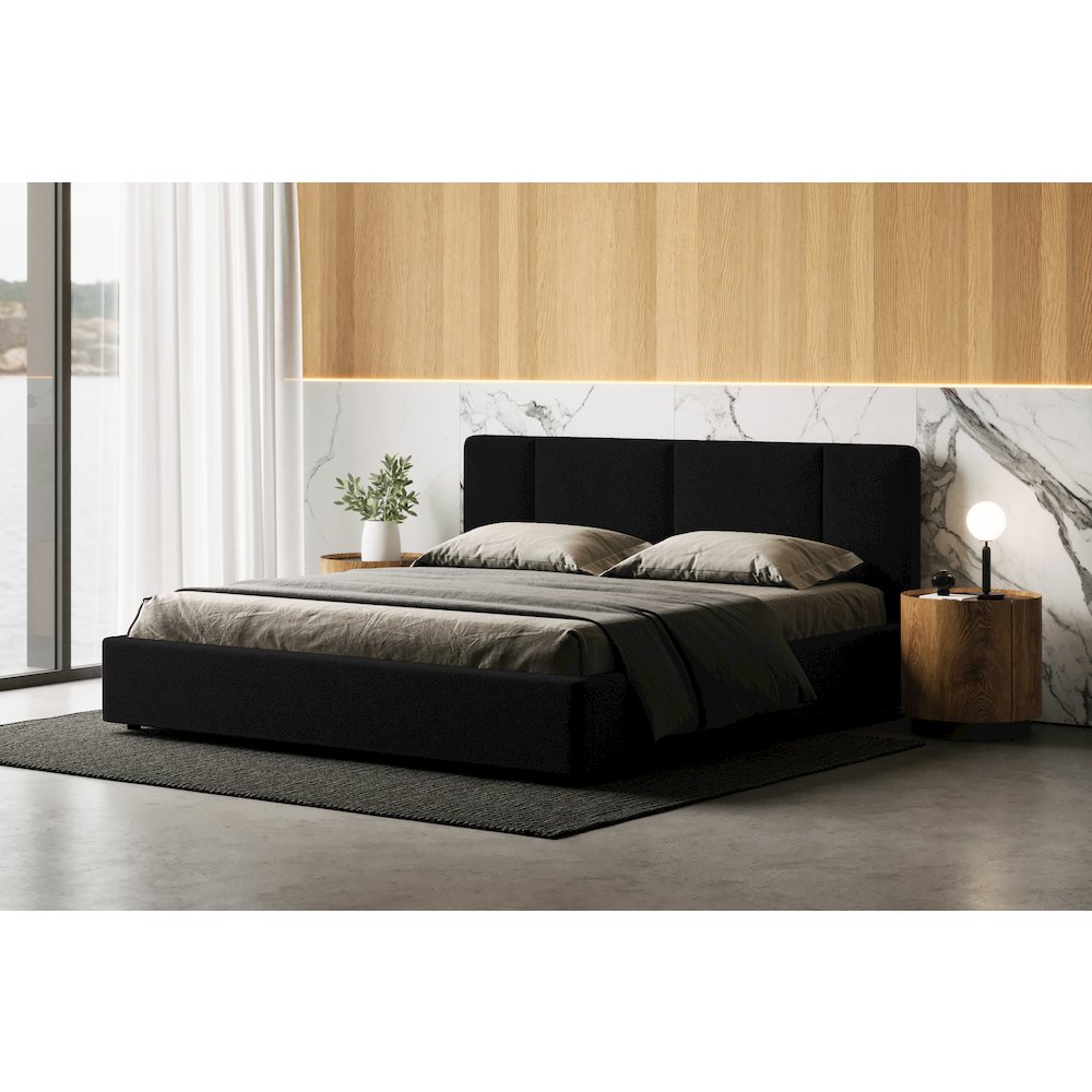 Venice Upholstered Platform King Bed in Black Boucle Fabric. Picture 3