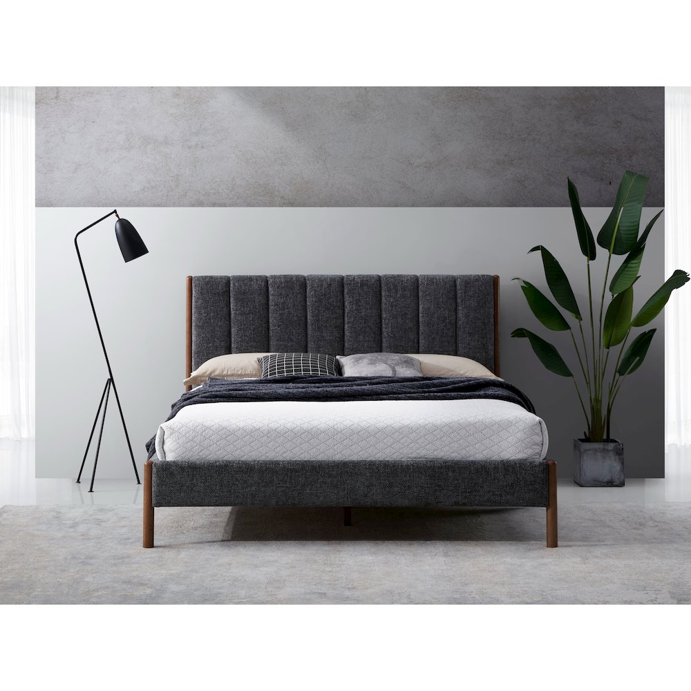 Exton Upholstered Platform Queen Bed in Dark Gray Fabric. Picture 3