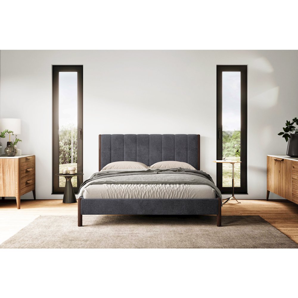 Exton Upholstered Platform Queen Bed in Dark Gray Fabric. Picture 4