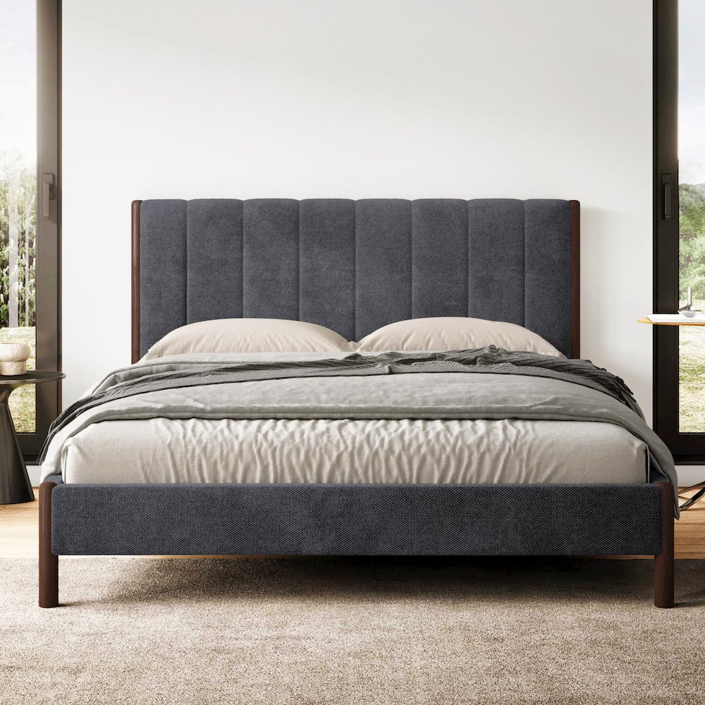 Exton Upholstered Platform Queen Bed in Dark Gray Fabric. Picture 5
