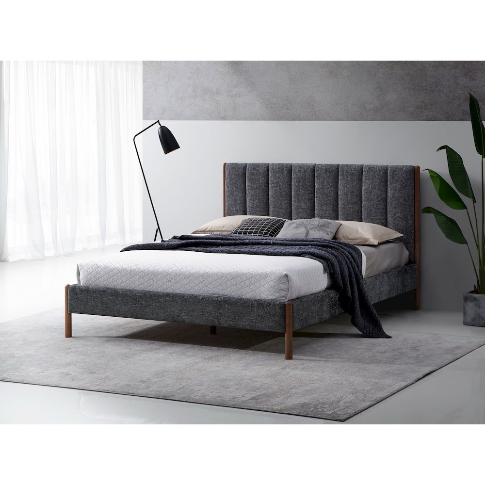 Exton Upholstered Platform Queen Bed in Dark Gray Fabric. Picture 6