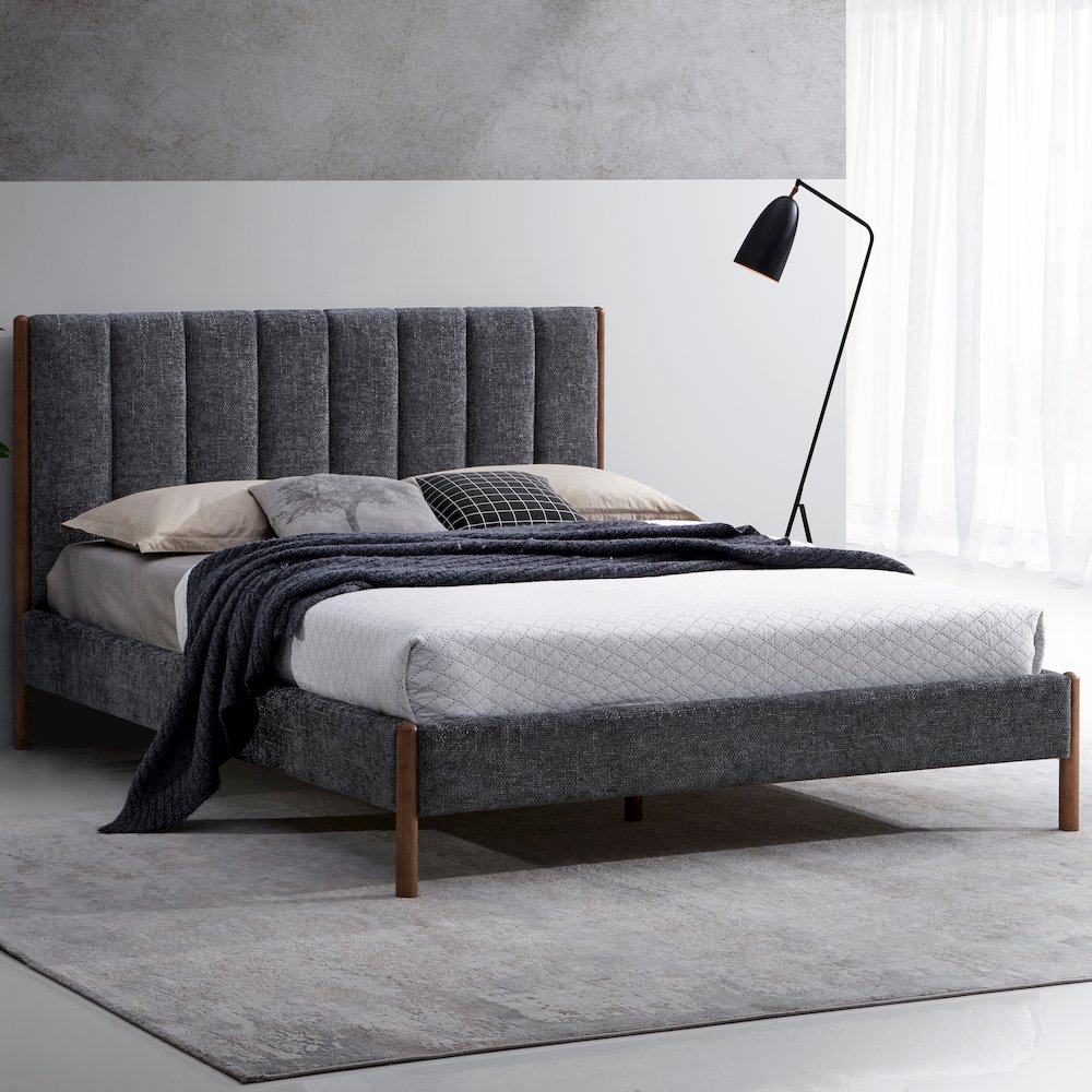 Exton Upholstered Platform Queen Bed in Dark Gray Fabric. Picture 7