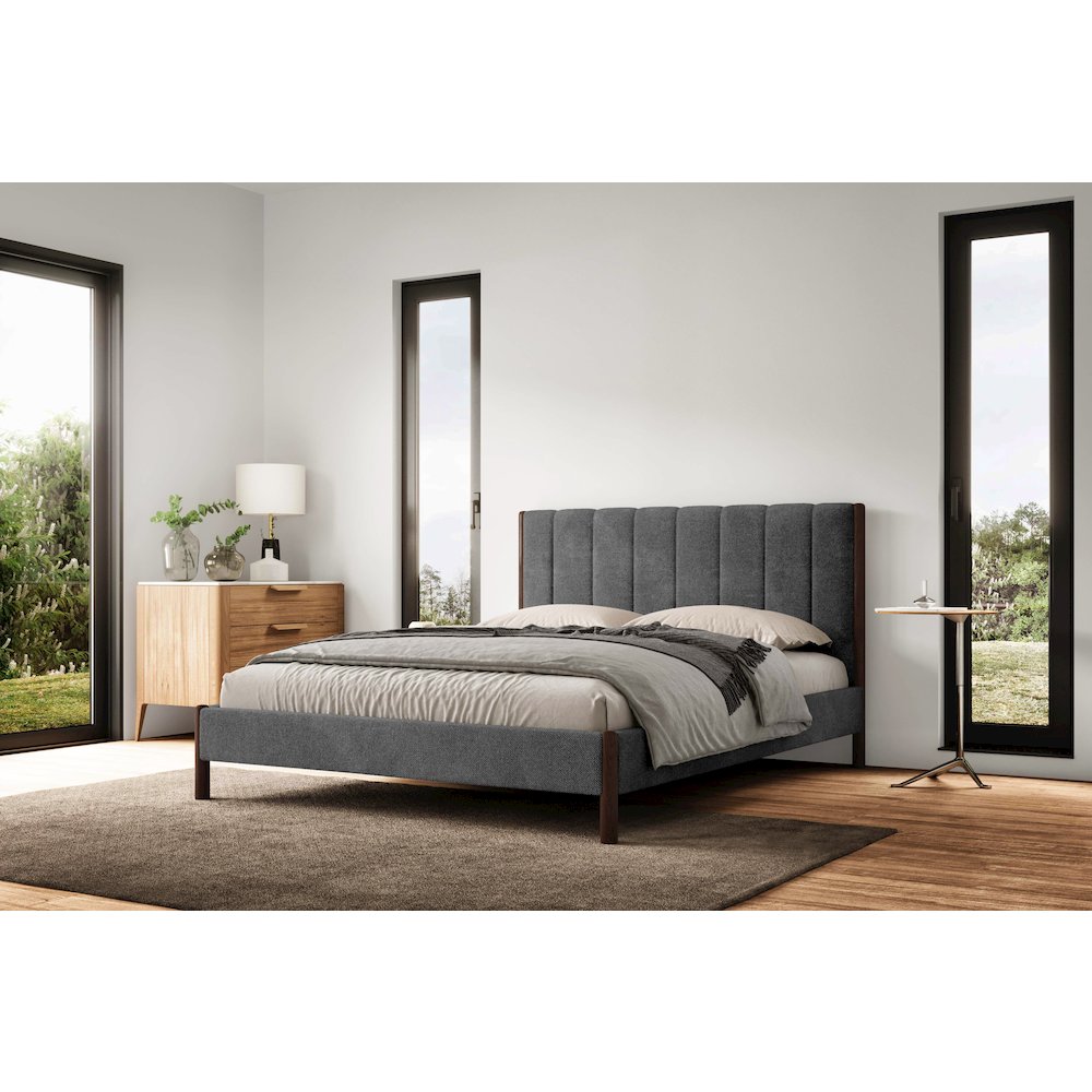 Exton Upholstered Platform Queen Bed in Dark Gray Fabric. Picture 8