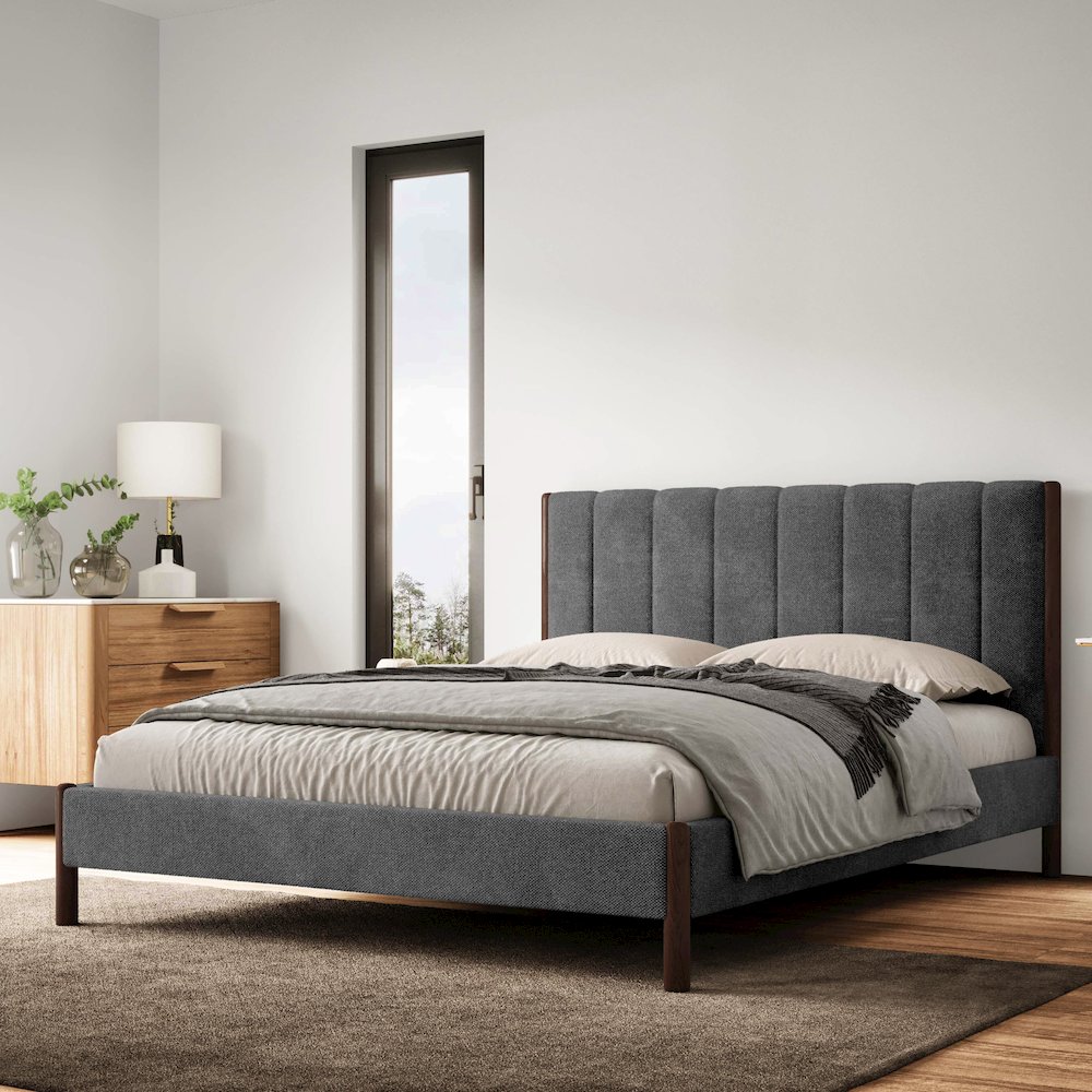 Exton Upholstered Platform Queen Bed in Dark Gray Fabric. Picture 9