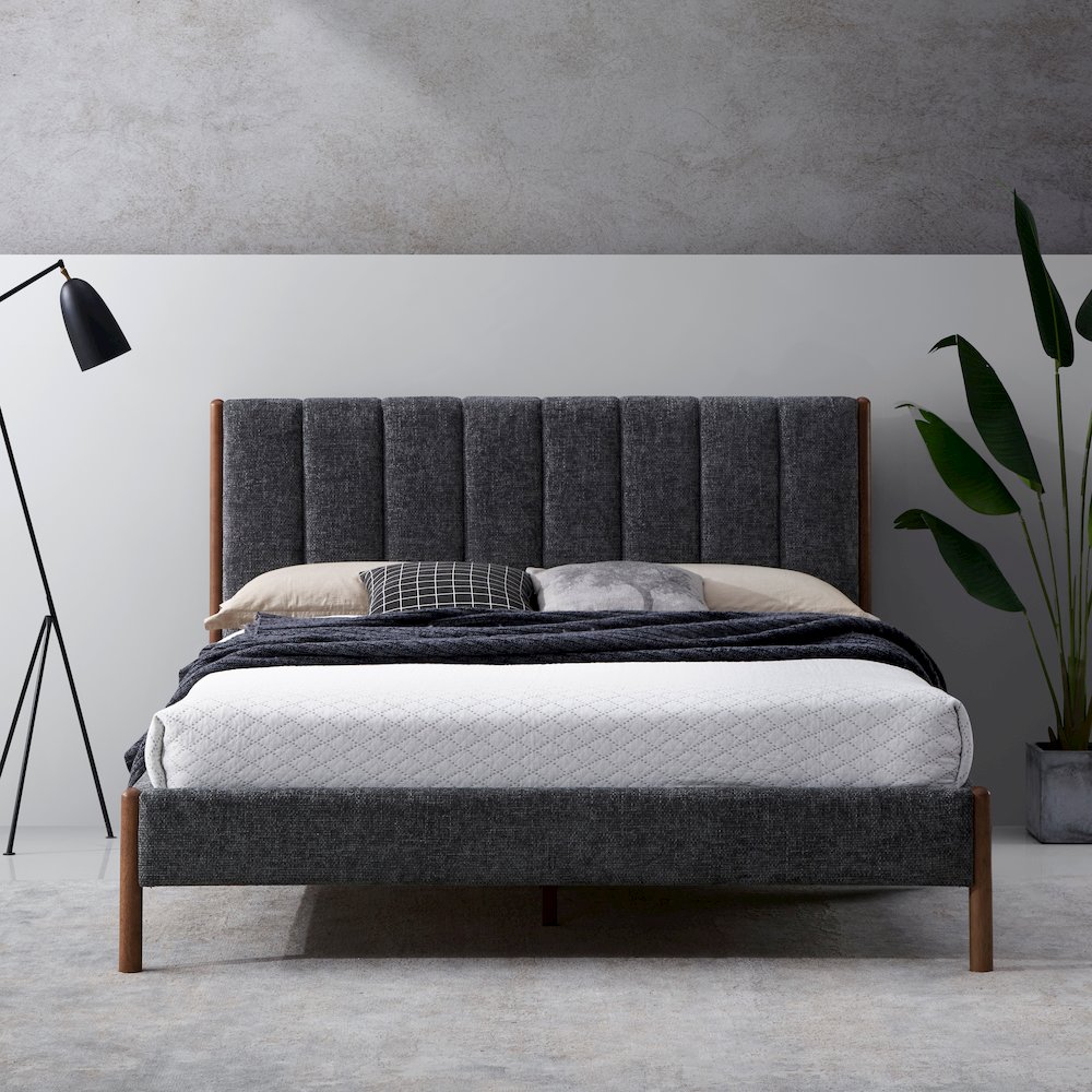 Exton Upholstered Platform Queen Bed in Dark Gray Fabric. Picture 10