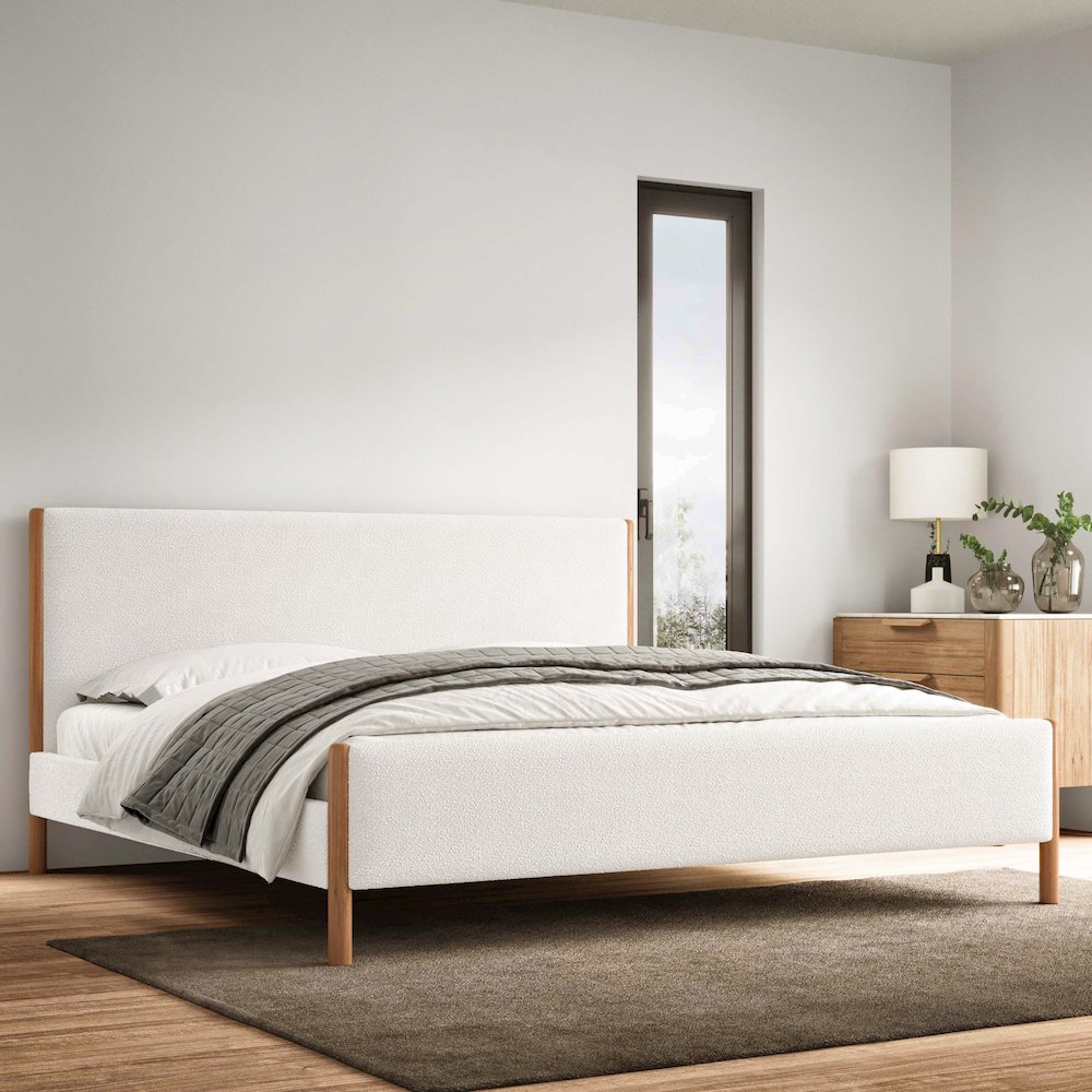 Liana Upholstered Platform King Bed in White Boucle Fabric. Picture 9