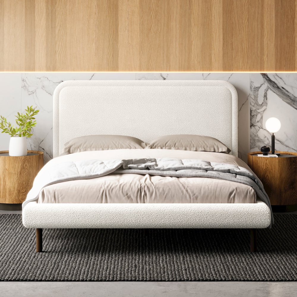 Beverly Upholstered Platform Queen Bed in White Boucle Fabric. Picture 10