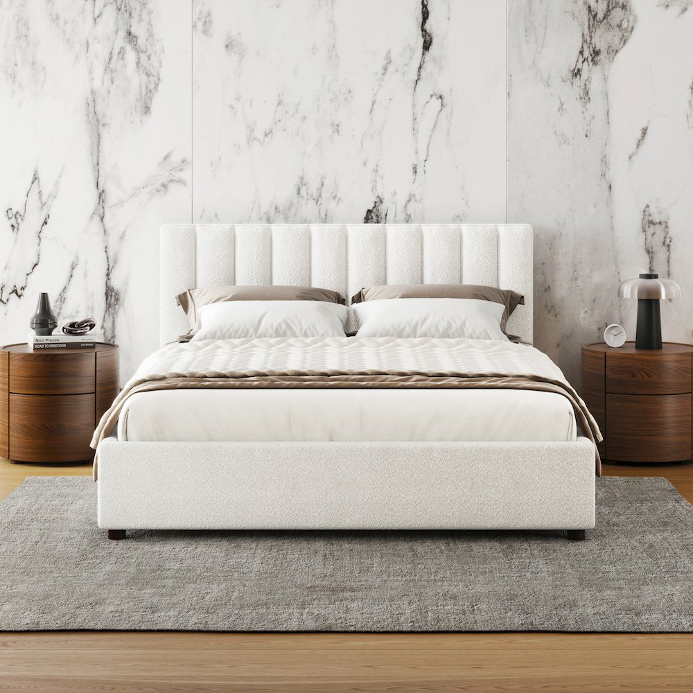 Jaxon Upholstered Platform Queen Bed in White Boucle Fabric. Picture 3