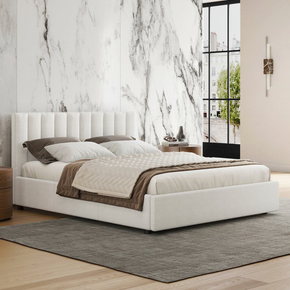 Jaxon Upholstered Platform Queen Bed in White Boucle Fabric. Picture 5