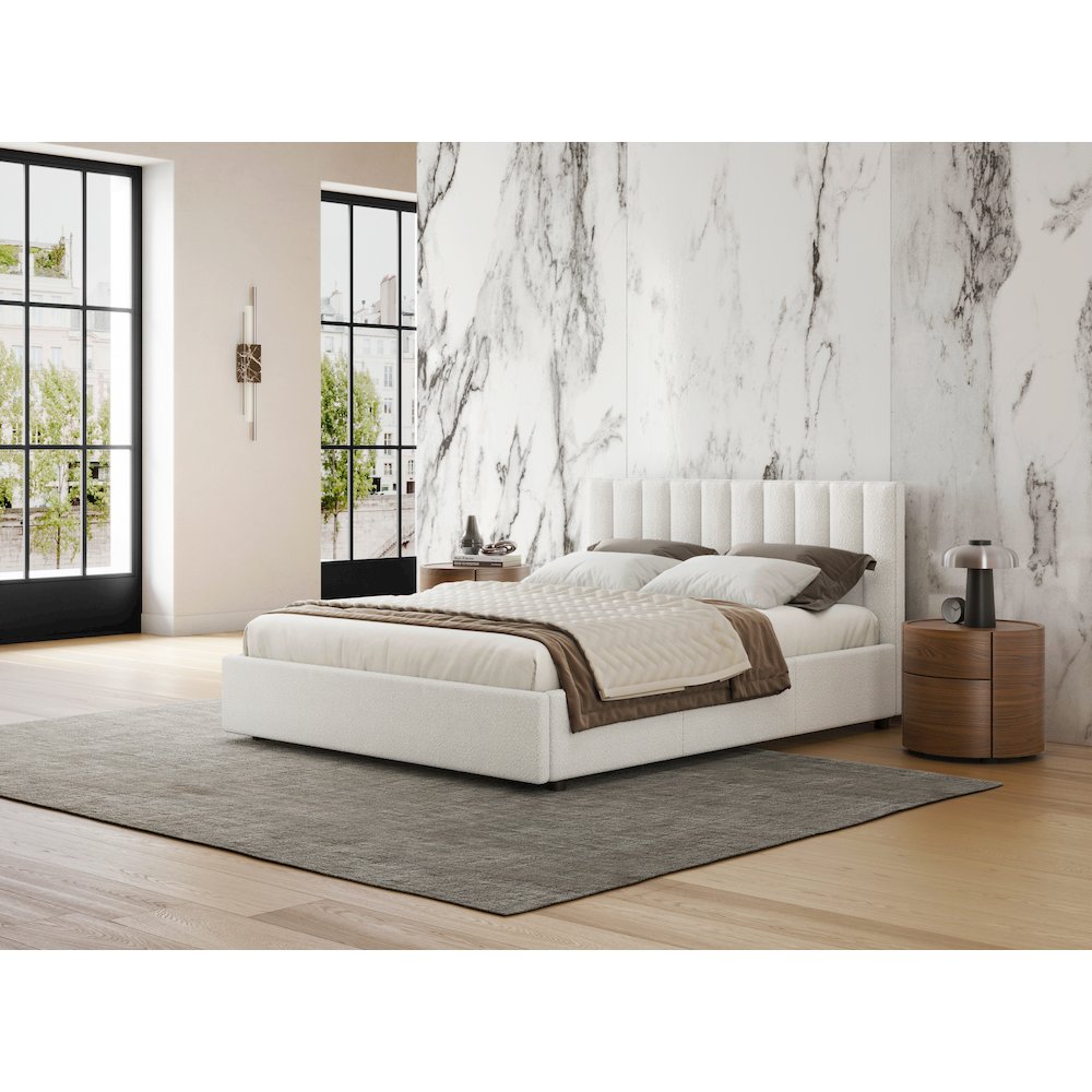 Jaxon Upholstered Platform Queen Bed in White Boucle Fabric. Picture 6