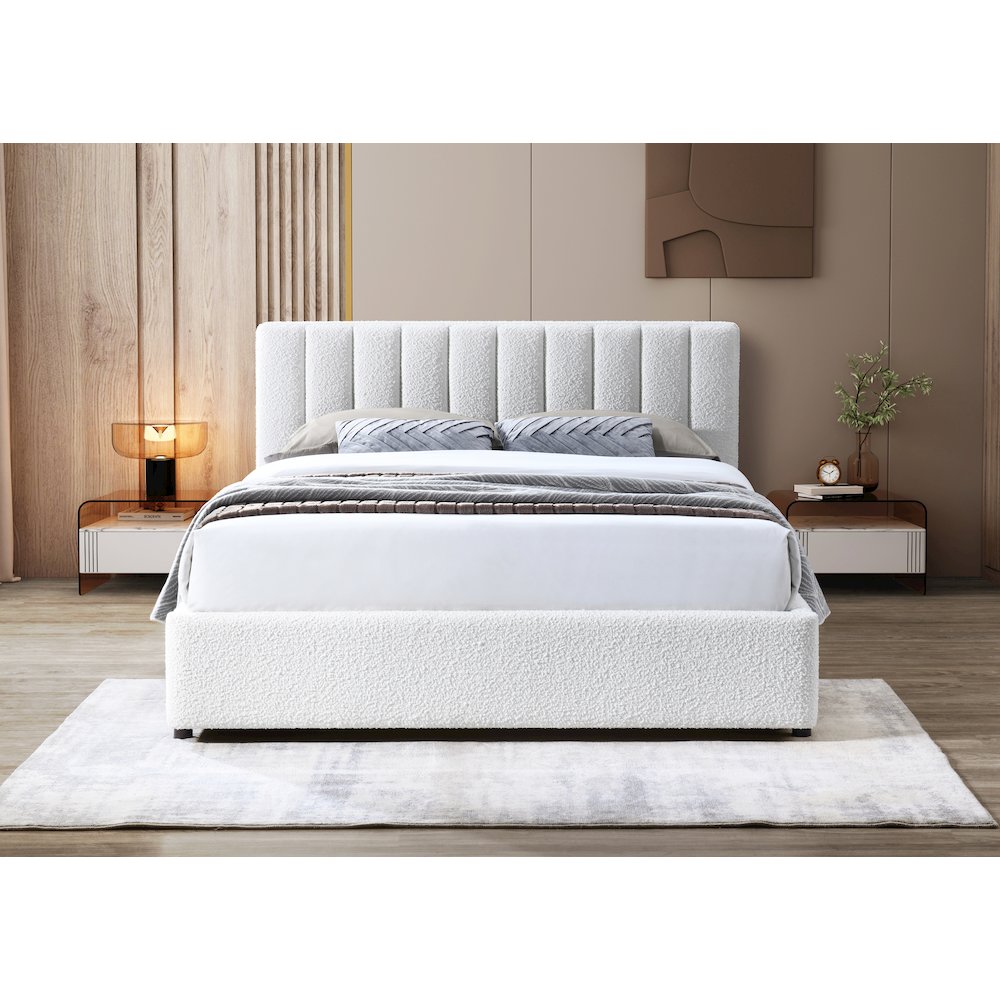 Jaxon Upholstered Platform Queen Bed in White Boucle Fabric. Picture 7