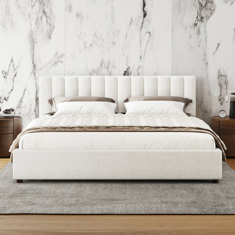 Jaxon Upholstered Platform King Bed in White Boucle Fabric. Picture 3