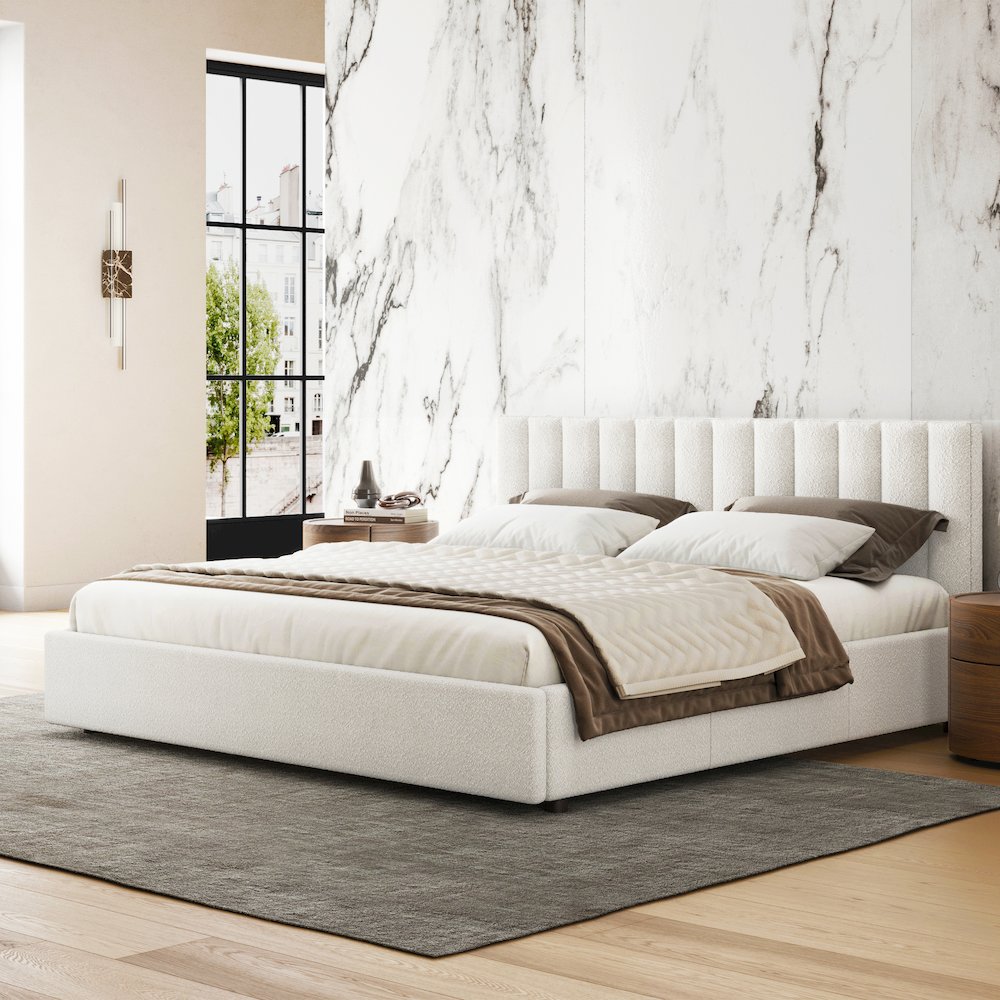 Jaxon Upholstered Platform King Bed in White Boucle Fabric. Picture 5