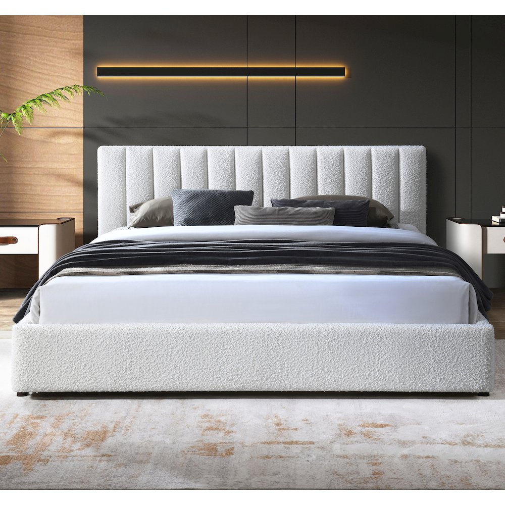 Jaxon Upholstered Platform King Bed in White Boucle Fabric. Picture 8