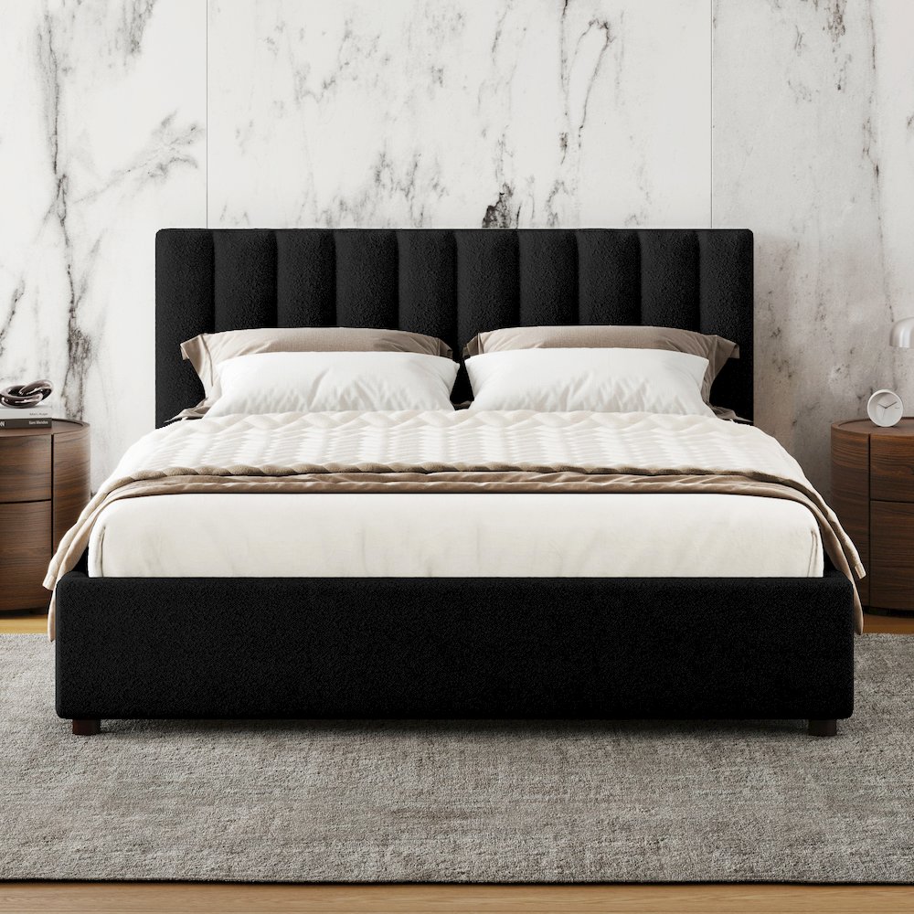 Jaxon Upholstered Platform Queen Bed in Black Boucle Fabric. Picture 3