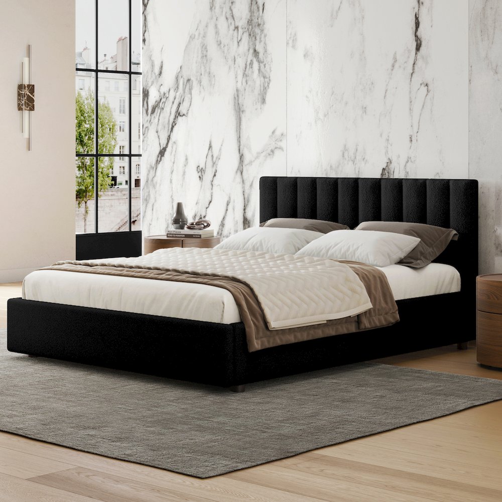Jaxon Upholstered Platform Queen Bed in Black Boucle Fabric. Picture 6