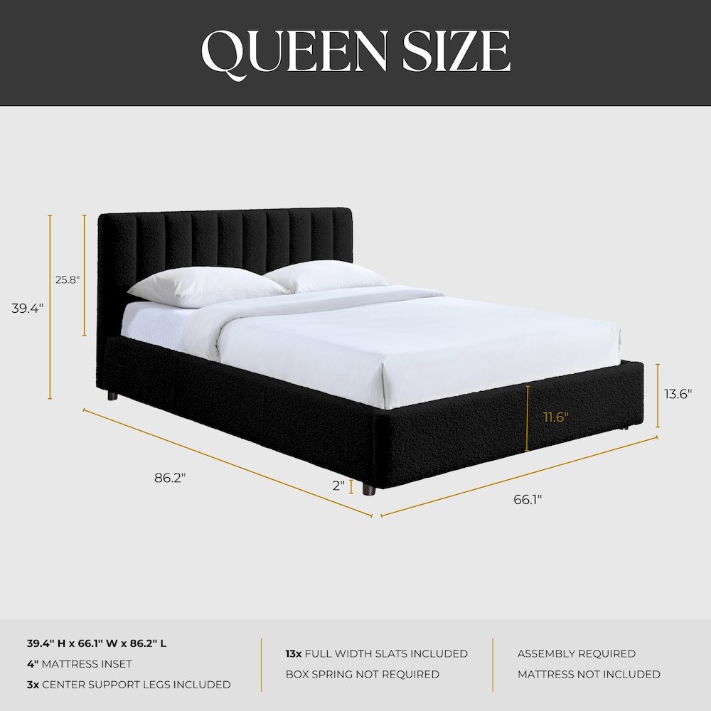 Jaxon Upholstered Platform Queen Bed in Black Boucle Fabric. Picture 8