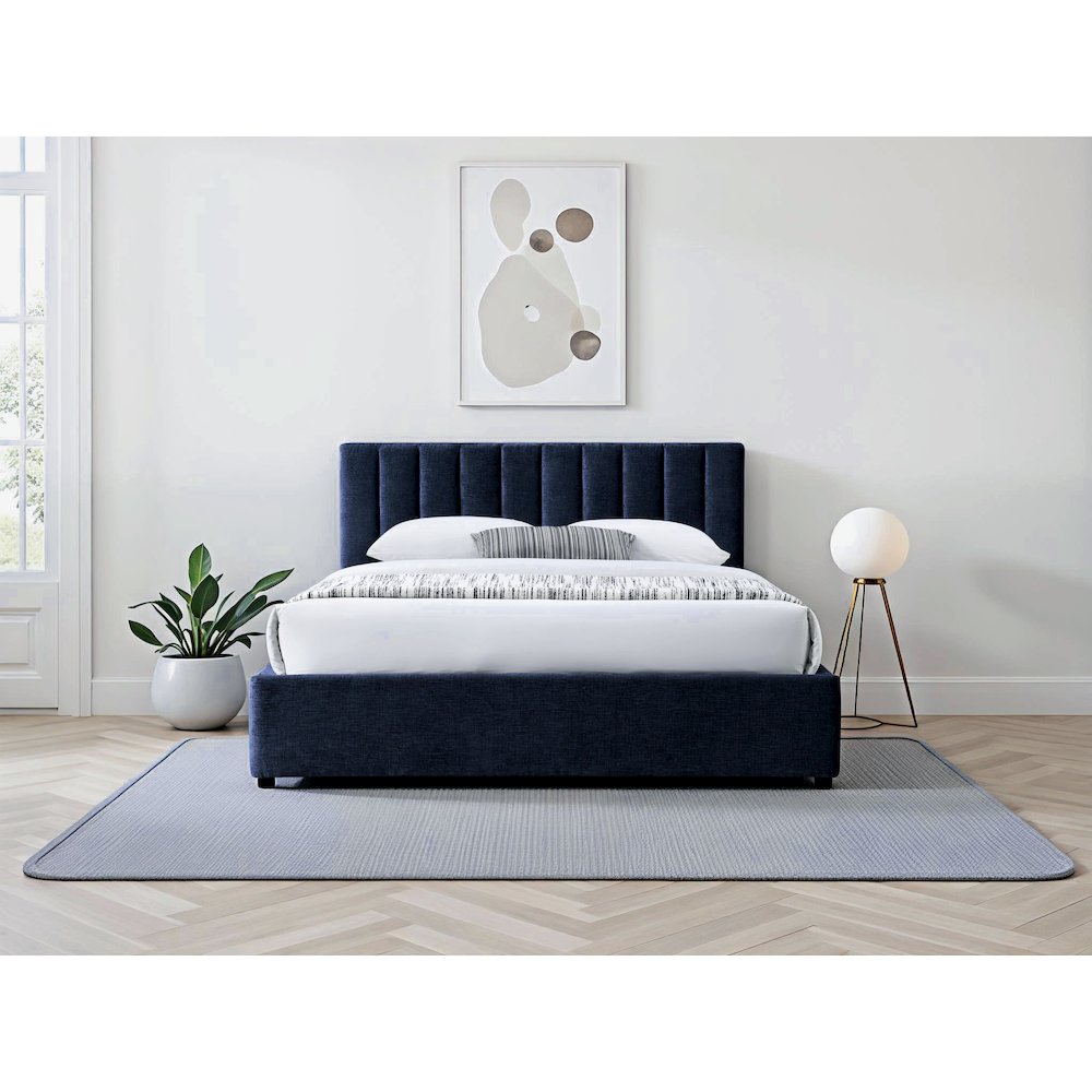 Jaxon Upholstered Platform Queen Bed in Blue Fabric. Picture 7