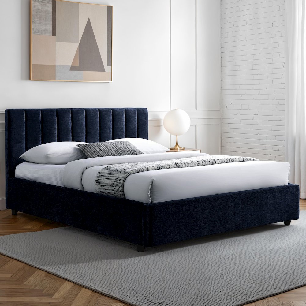Jaxon Upholstered Platform Queen Bed in Blue Fabric. Picture 6