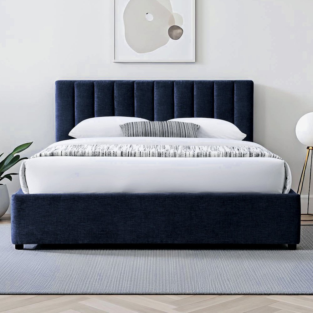 Jaxon Upholstered Platform Queen Bed in Blue Fabric. Picture 4