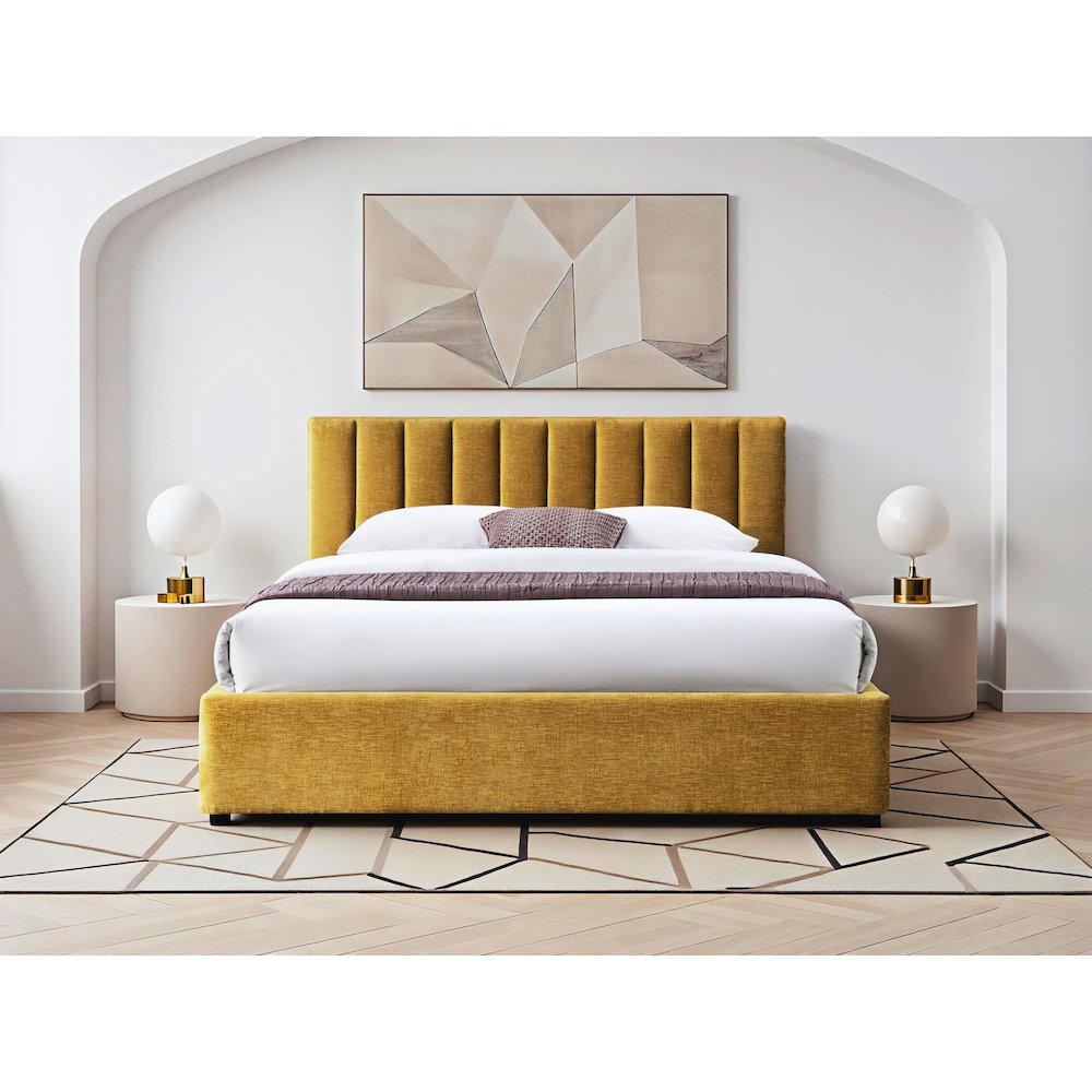 Jaxon Upholstered Platform Queen Bed in Gold Fabric. Picture 5