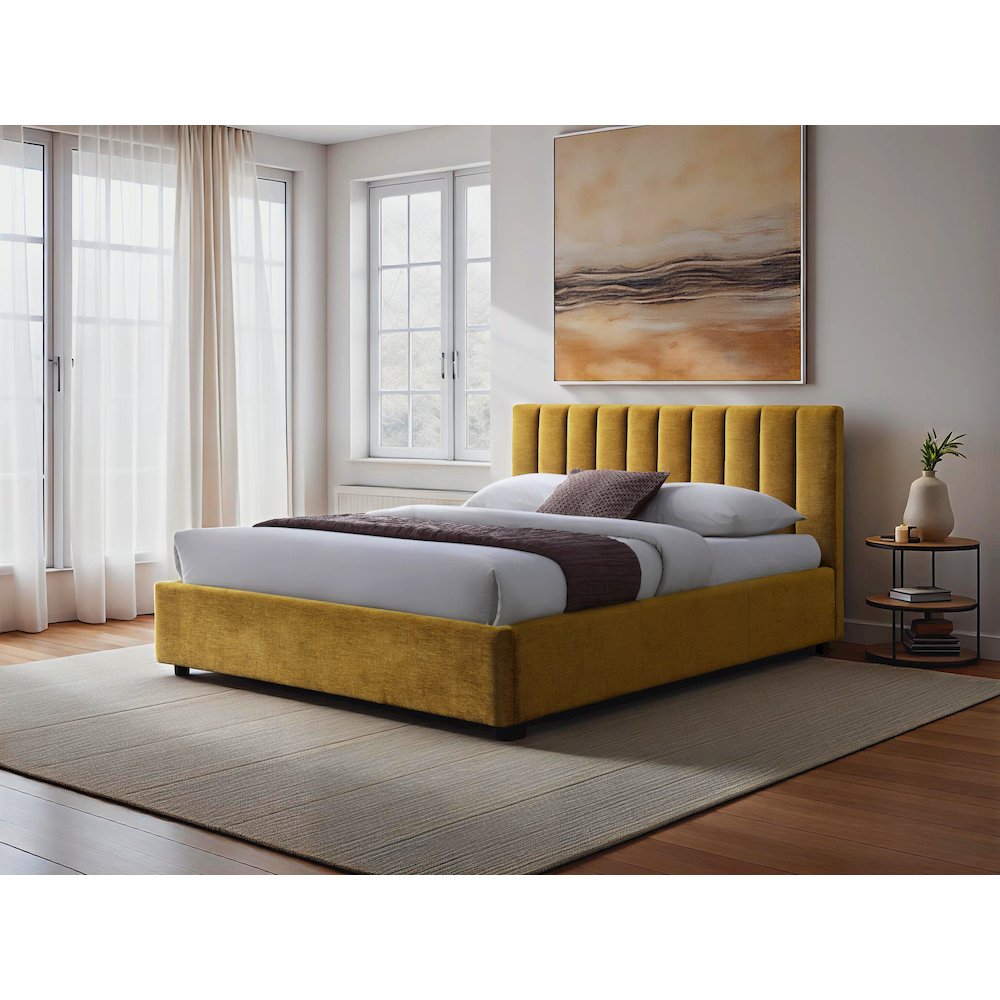 Jaxon Upholstered Platform Queen Bed in Gold Fabric. Picture 6