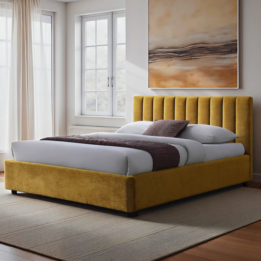 Jaxon Upholstered Platform Queen Bed in Gold Fabric. Picture 7