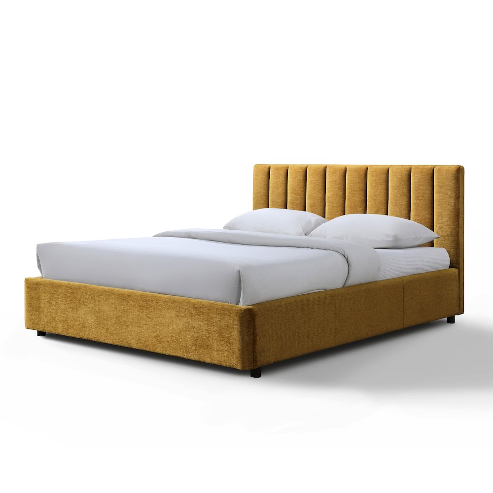 Jaxon Upholstered Platform Queen Bed in Gold Fabric. Picture 1