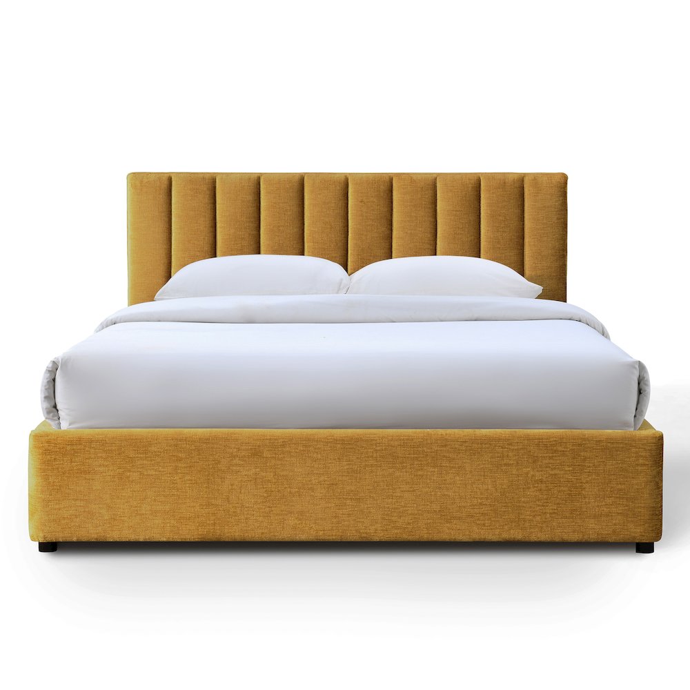 Jaxon Upholstered Platform Queen Bed in Gold Fabric. Picture 2