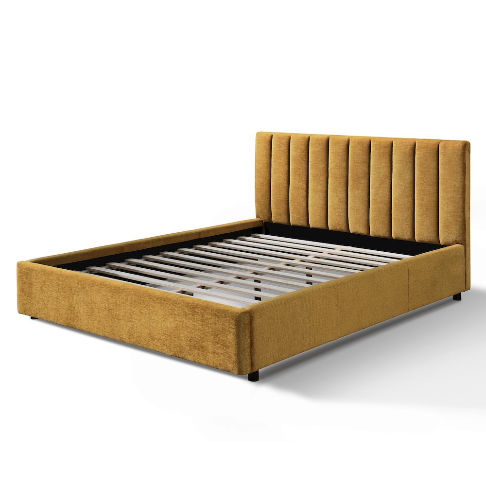 Jaxon Upholstered Platform Queen Bed in Gold Fabric. Picture 3