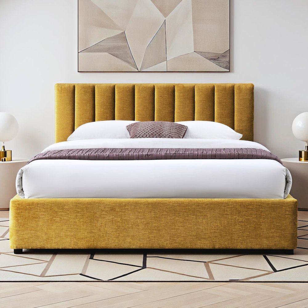 Jaxon Upholstered Platform Queen Bed in Gold Fabric. Picture 4