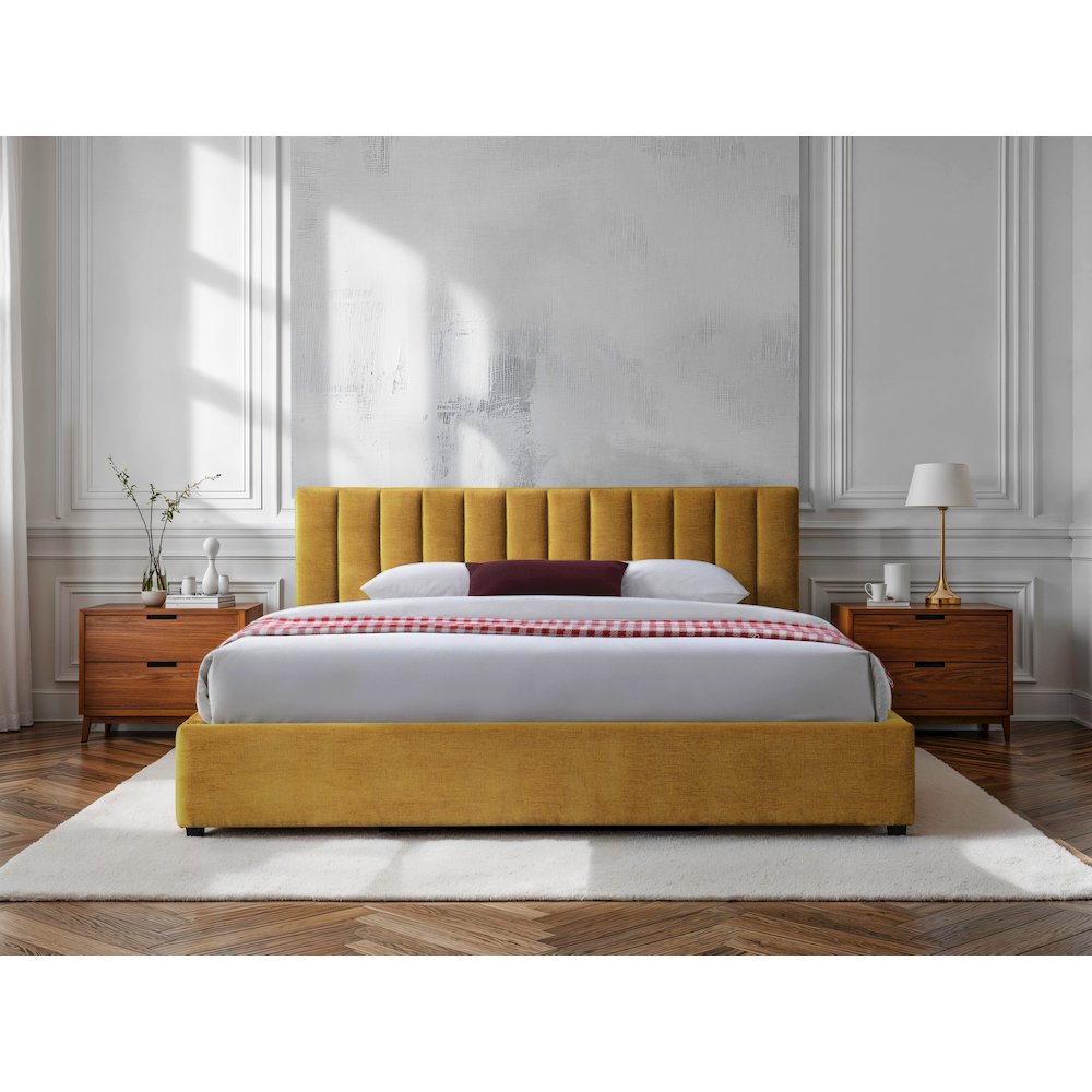 Jaxon Upholstered Platform King Bed in Gold Fabric. Picture 5