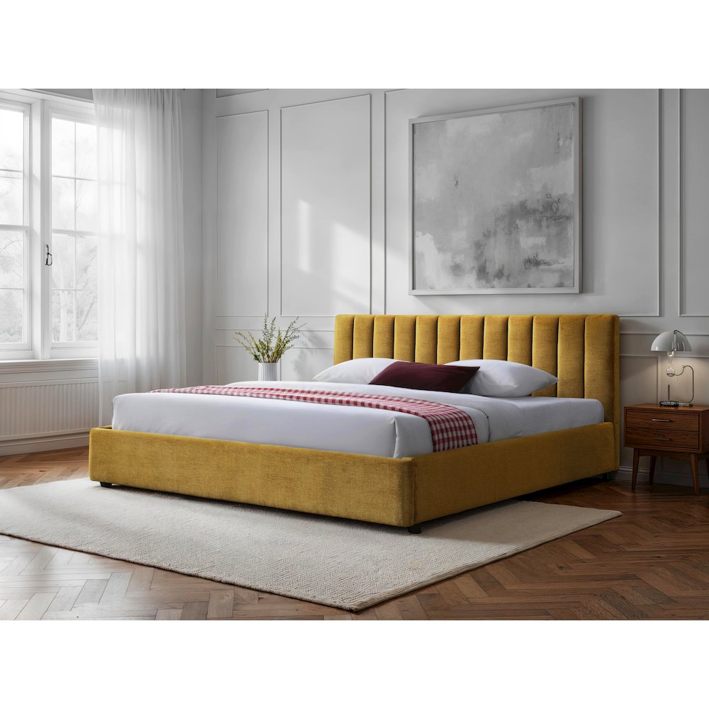 Jaxon Upholstered Platform King Bed in Gold Fabric. Picture 6