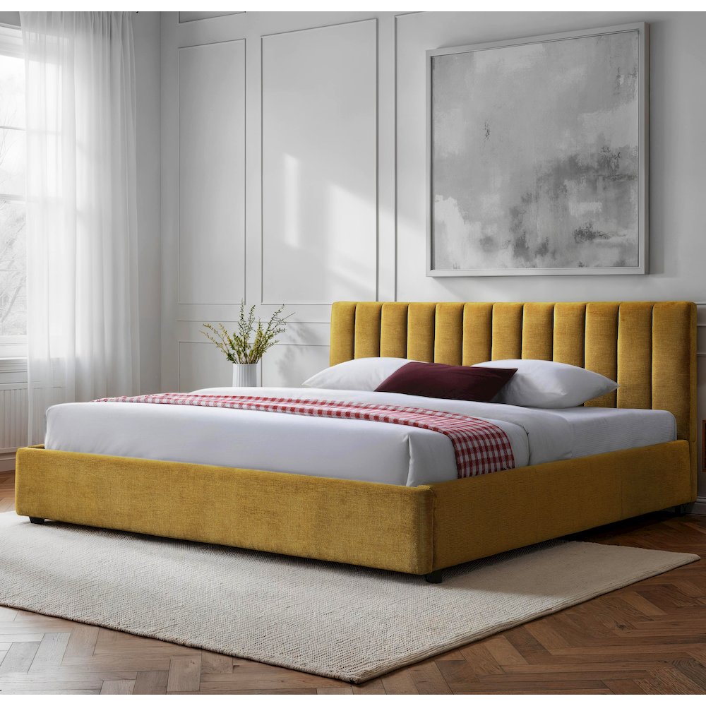 Jaxon Upholstered Platform King Bed in Gold Fabric. Picture 7
