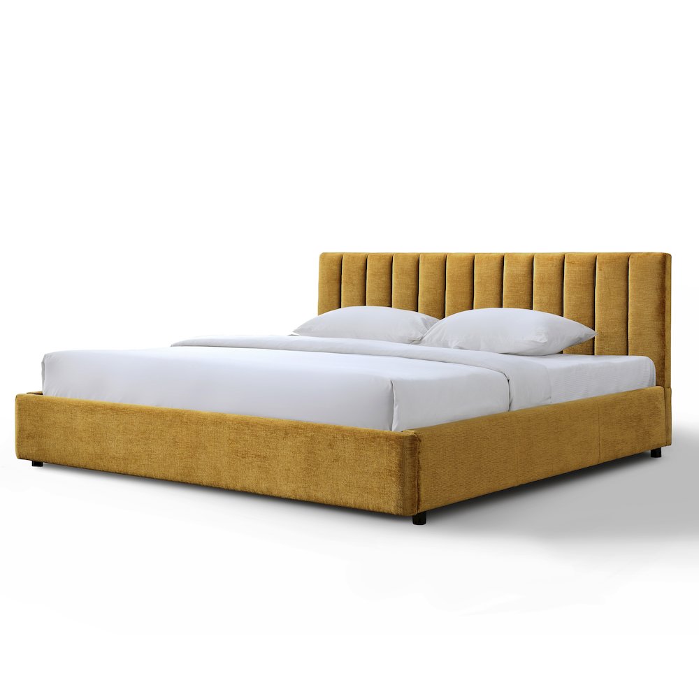 Jaxon Upholstered Platform King Bed in Gold Fabric. Picture 1