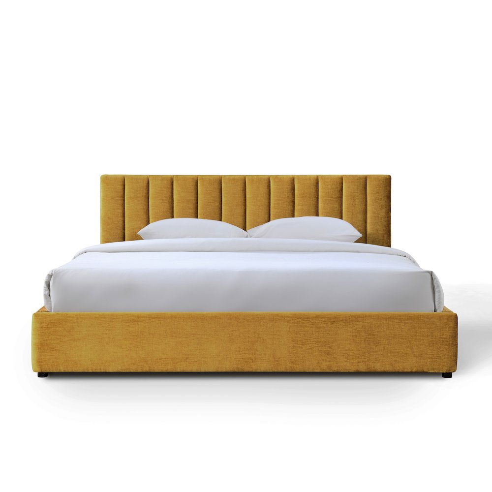 Jaxon Upholstered Platform King Bed in Gold Fabric. Picture 2
