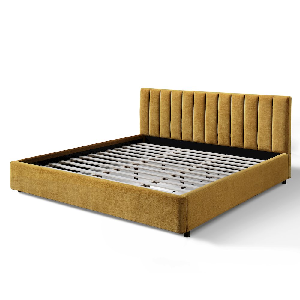 Jaxon Upholstered Platform King Bed in Gold Fabric. Picture 3