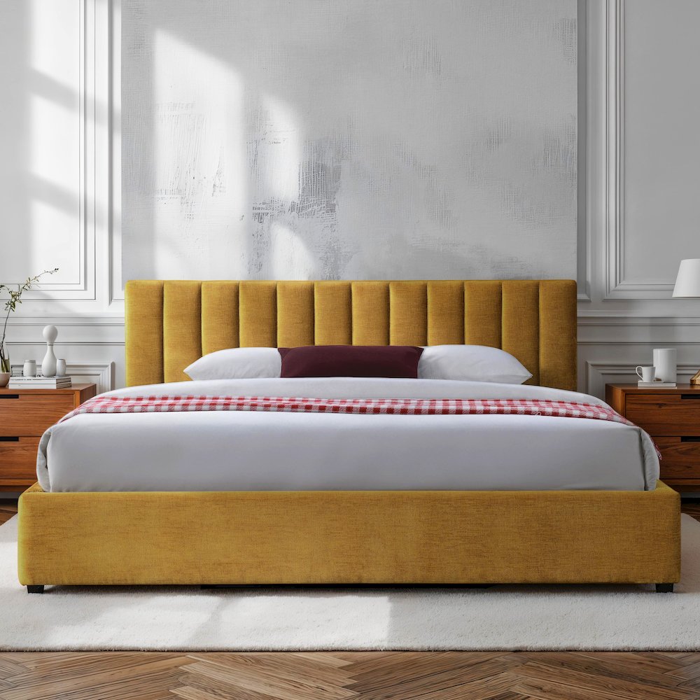 Jaxon Upholstered Platform King Bed in Gold Fabric. Picture 4