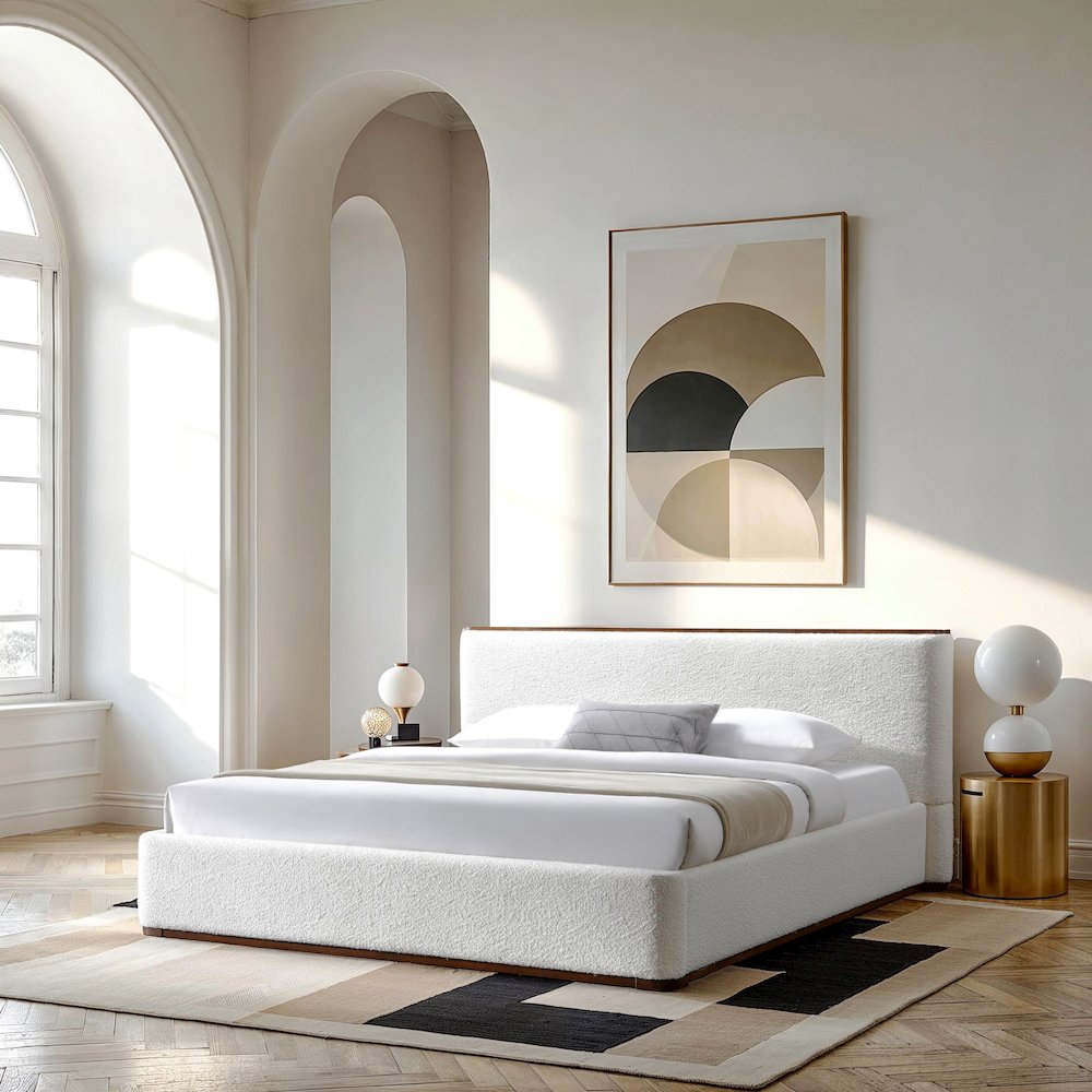 Aspen Upholstered Platform King Bed in White Cream Boucle Fabric. Picture 6