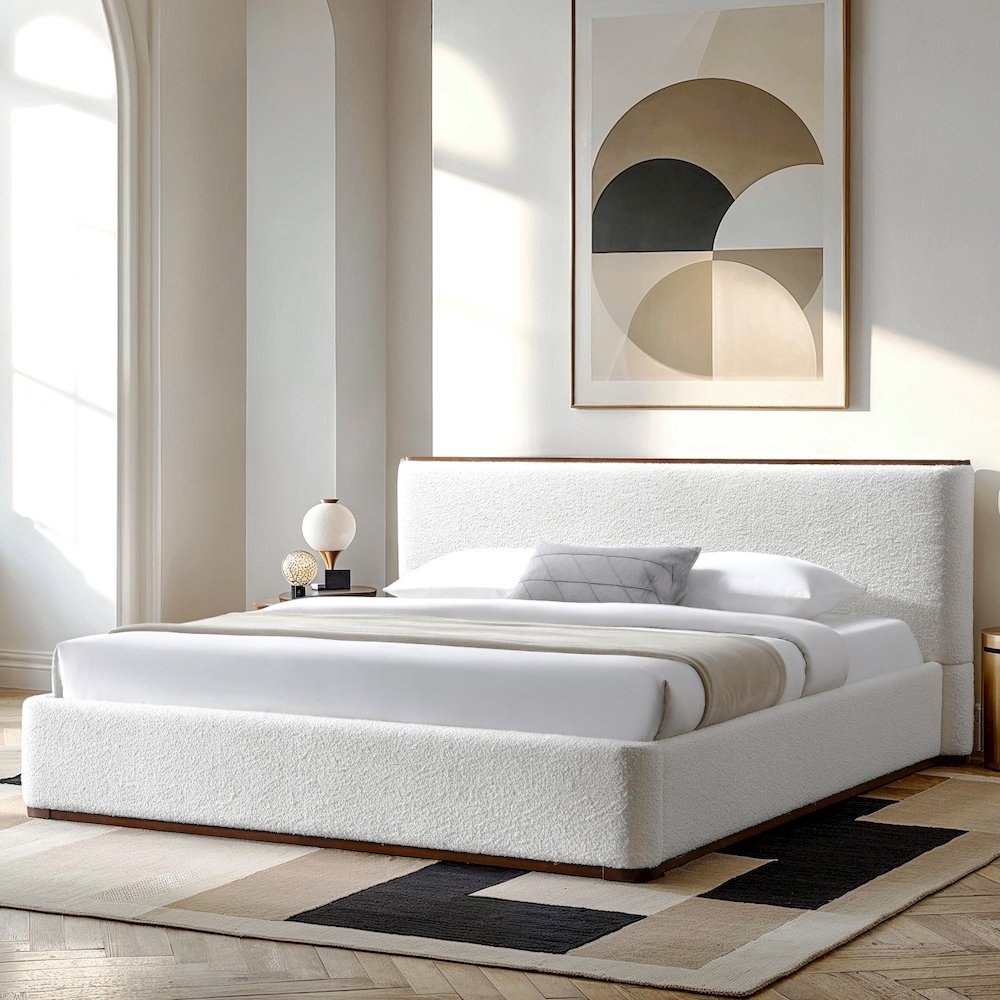Aspen Upholstered Platform King Bed in White Cream Boucle Fabric. Picture 8