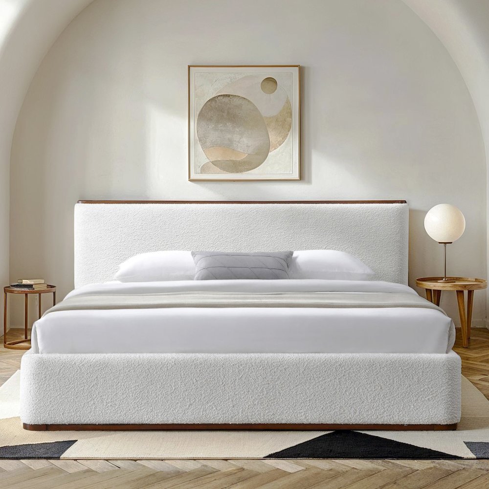 Aspen Upholstered Platform King Bed in White Cream Boucle Fabric. Picture 4
