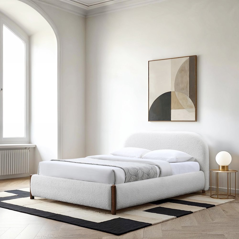 Valencia Upholstered Platform Queen Bed in White Cream Boucle Fabric. Picture 7