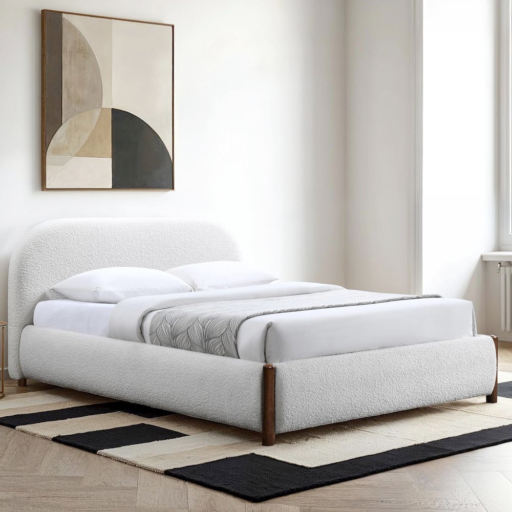Valencia Upholstered Platform Queen Bed in White Cream Boucle Fabric. Picture 8