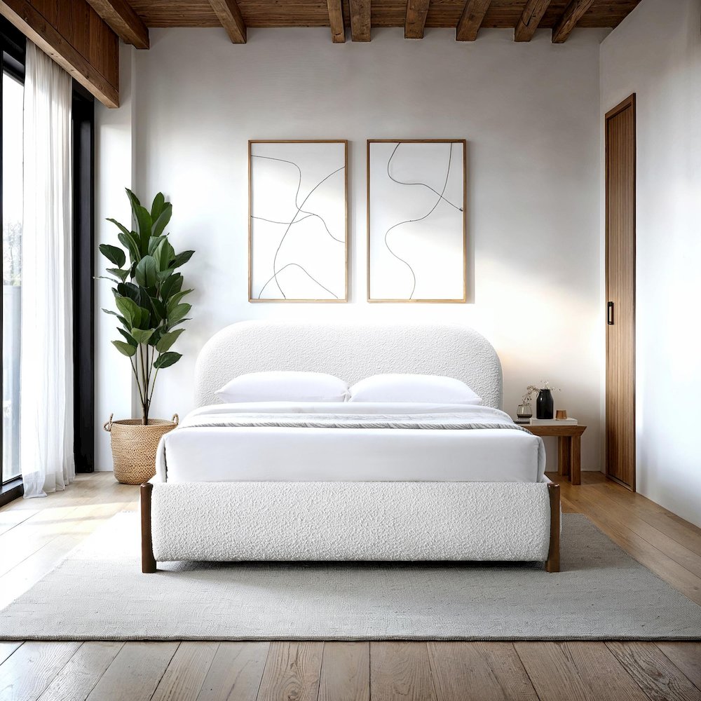 Valencia Upholstered Platform Queen Bed in White Cream Boucle Fabric. Picture 9