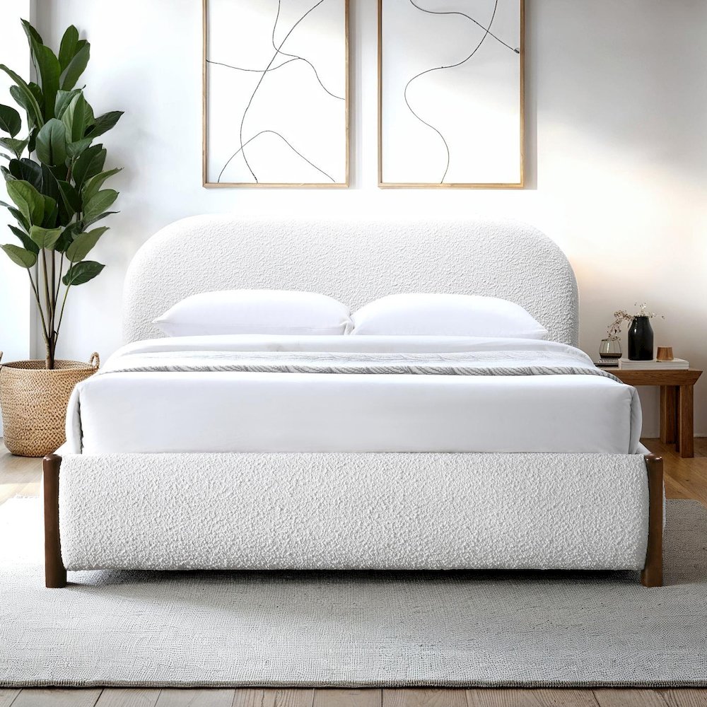 Valencia Upholstered Platform Queen Bed in White Cream Boucle Fabric. Picture 10