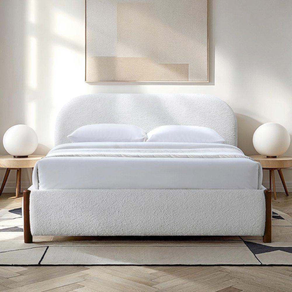 Valencia Upholstered Platform Queen Bed in White Cream Boucle Fabric. Picture 4